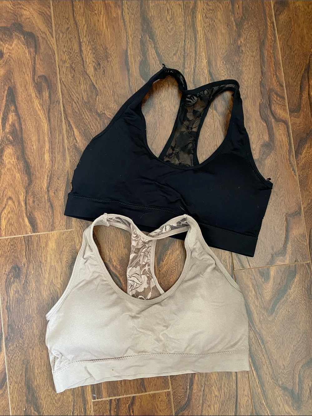 Women's Lace-Back Sports Bralette set of two- Black and Beige large